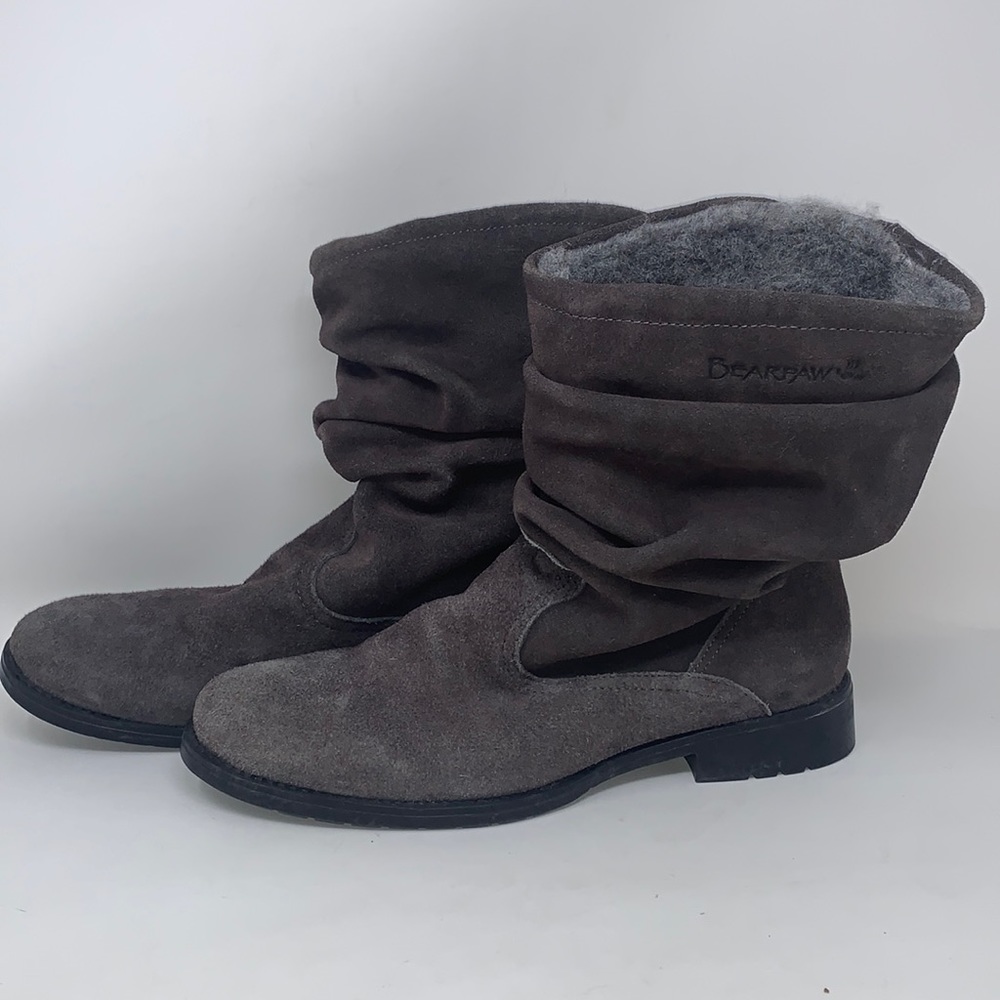 Bearpaw Suede Slouch Mid Calf Boots grey Wool Lined Size 10 cabin core cozy